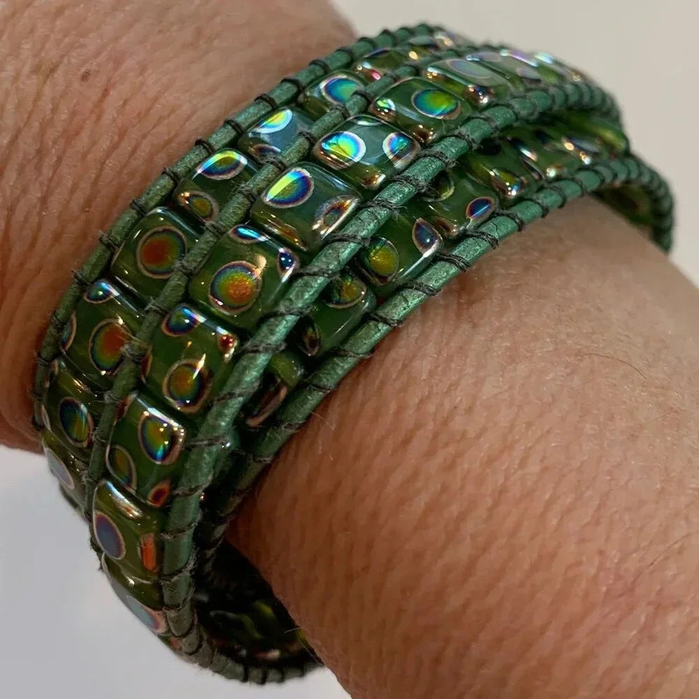 Bespoke Glass Leather Bead Cuff Bracelet - Gold & Green Aura Finish - Handmade - Picture 3 of 7